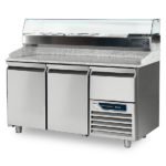 Pizzatisch 1660 mm mit 2 Türen 40x60 cm + 1 Schublade und Kühlaufsatzvitrine 6x 1/2 + 1x 2/8 GN